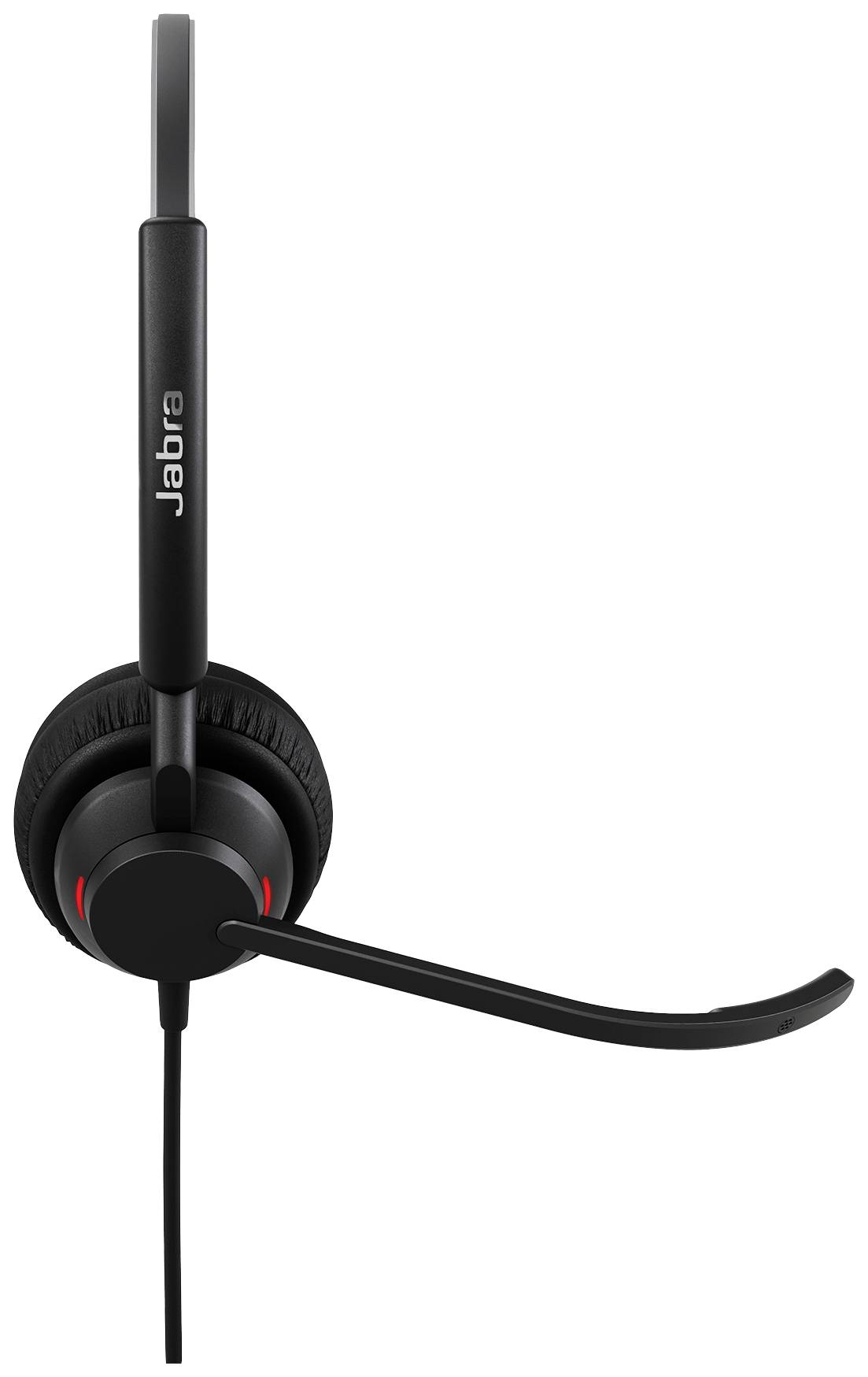 Schwarzes schnurgebundenes Headset mit Mikrofon, vertikal ausgerichtet. Markenname an der Seite sichtbar.