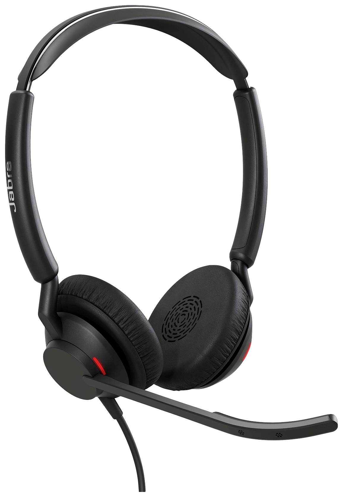 Schwarzes Headset mit Ohrmuscheln und Mikrofonarm. Markierung 'Jabra' an der Seite. Geeignet für Telefon- und Computerkommunikation.