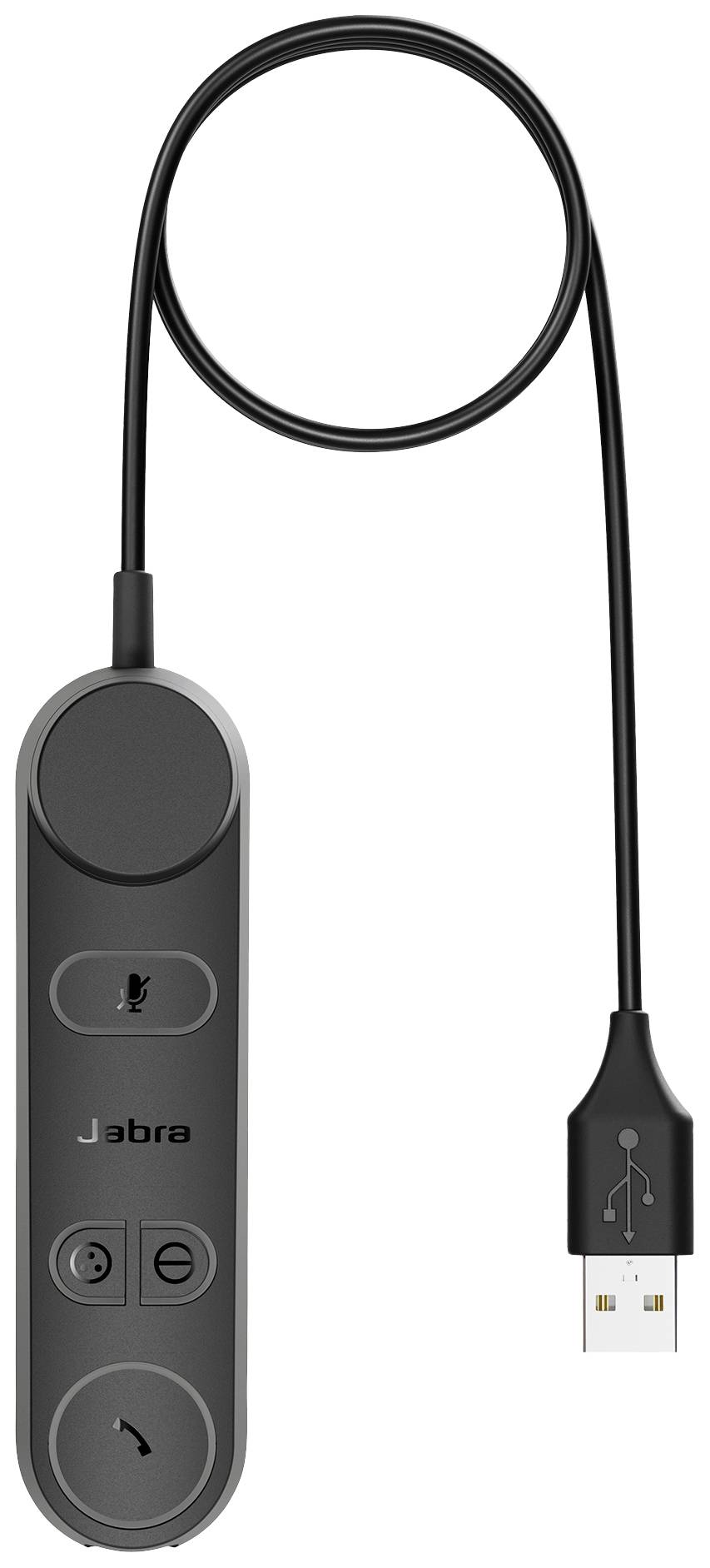 Ein Jabra-USB-Adapter mit integriertem Mikrofon-Stummschalter und Lautstärkeregelung, verbunden mit einem USB-Kabel.
