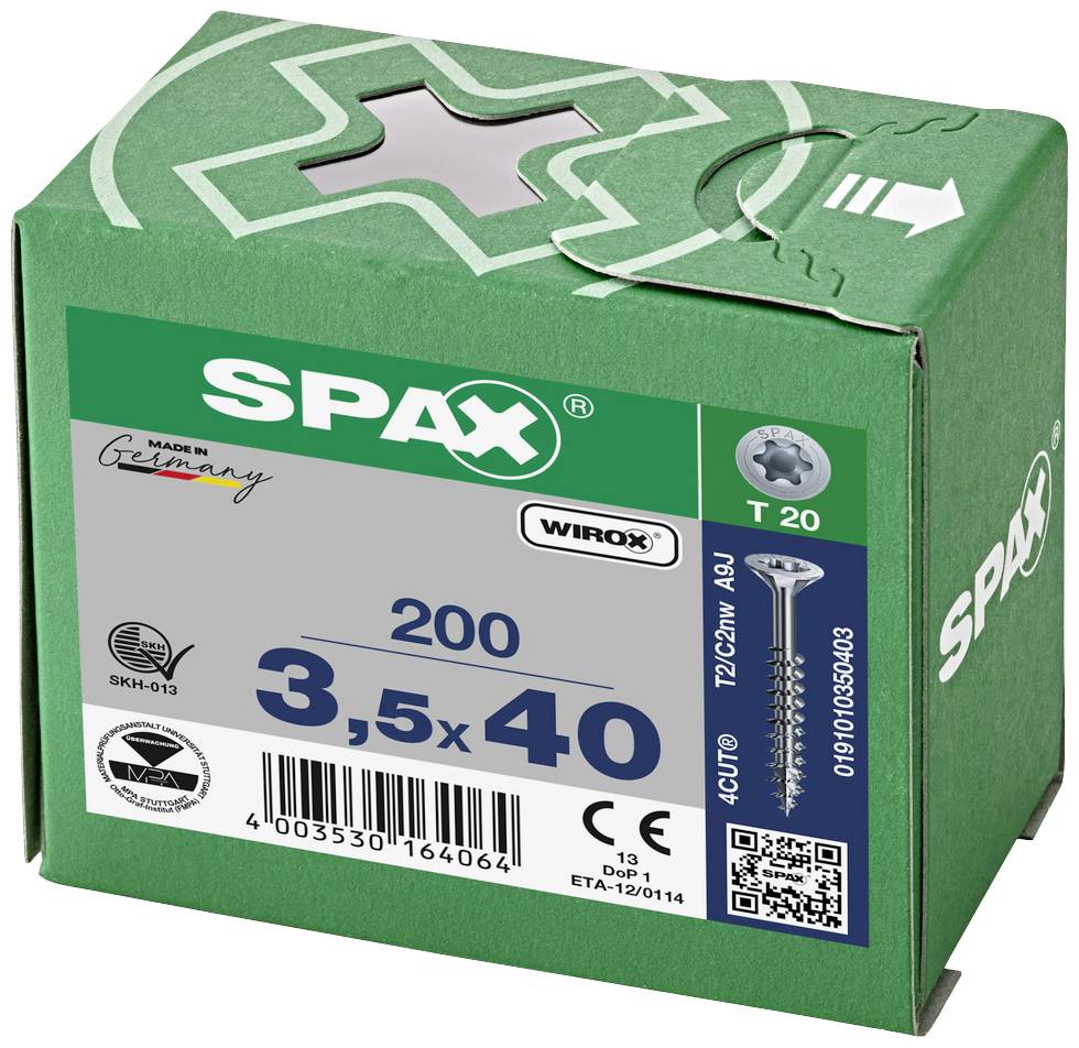 Grüner Karton mit der Aufschrift 'SPAX', enthält 200 Schrauben, Größe 3,5 x 40 mm, geeignet für T20 Antrieb, hergestellt in Deutschland.