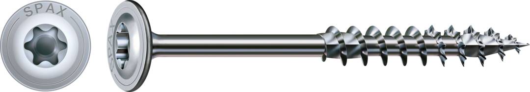 Nahaufnahme einer silbernen Schraube mit Torx-Kopf und spitzem Ende, links das Markenlogo 'SPAX' sichtbar.