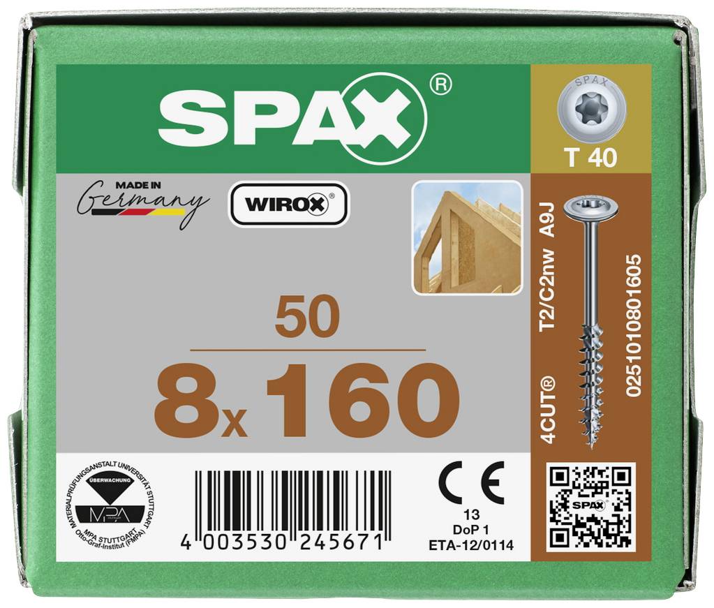 'SPAX-Schrauben' Packung, 50 Stück, Größe 8x160, mit QR-Code, Barcodes und Kennzeichnungen. Markenlogo und Holzrahmenbild sichtbar.