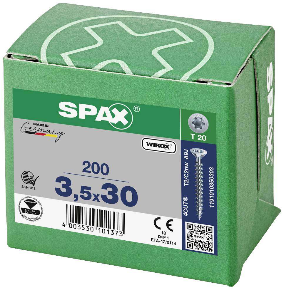 Grüne Verpackung der Marke SPAX mit 200 Schrauben, Größe 3,5x30 mm, T20-Antrieb. Hergestellt in Deutschland.