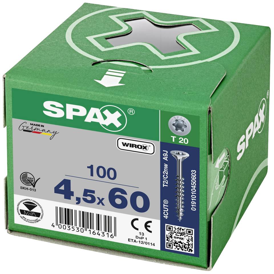 Eine grüne Schachtel mit der Aufschrift 'SPAX 4,5x60', die 100 Schrauben enthält. Hergestellt in Deutschland mit Wirox-Beschichtung.