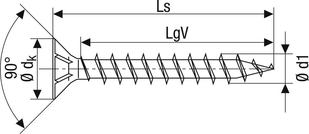 Abbildung eines Senkkopf-Holzschraubenmaßes mit Beschriftungen: Gesamtlänge (Ls), Gewindelänge (LgV), Kopfdurchmesser (ø dk), Schraubendurchmesser (ø d1).