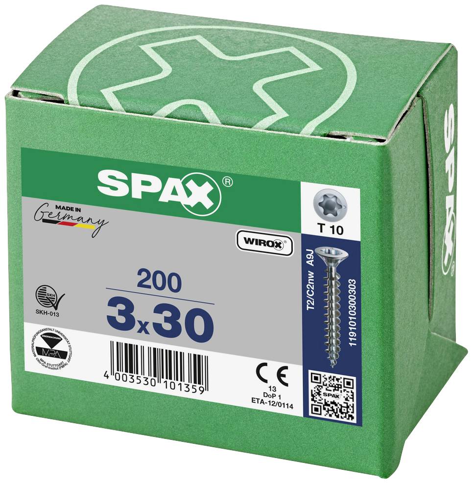 Eine grüne Box mit silbernem Etikett der Marke SPAX, enthält 200 Schrauben, Größe 3x30 mm. Hergestellt in Deutschland.