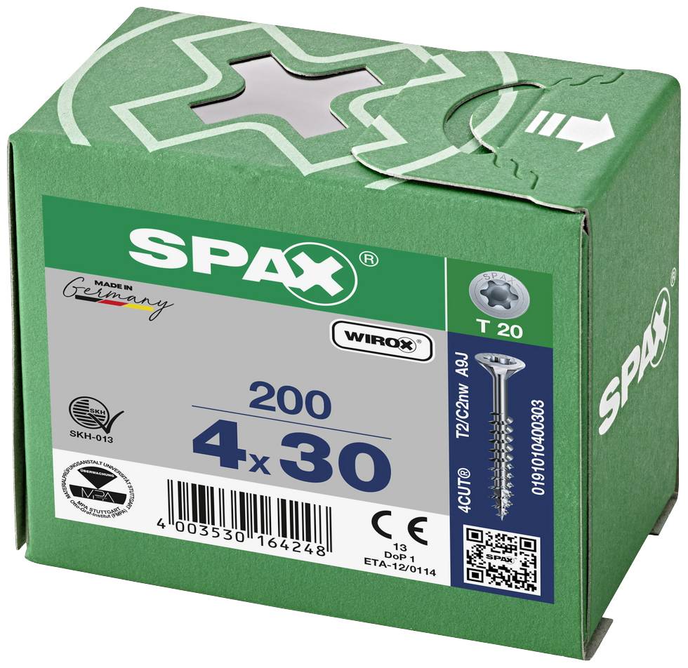 SPAX Wirox-Schrauben 4x30, 200 Stück in grünem Karton, Made in Germany. T20 Antrieb, TX-Linsensenkkopf, 4CUT, Einsatz im Holzbau geeignet.