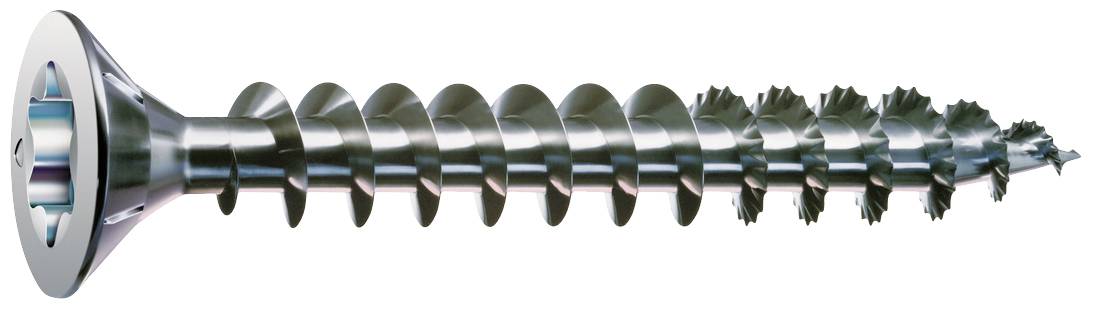 Eine lange Metallschraube mit einem konischen Kopf und spiralförmigem Gewinde, geeignet für feste Befestigungen in Materialien.