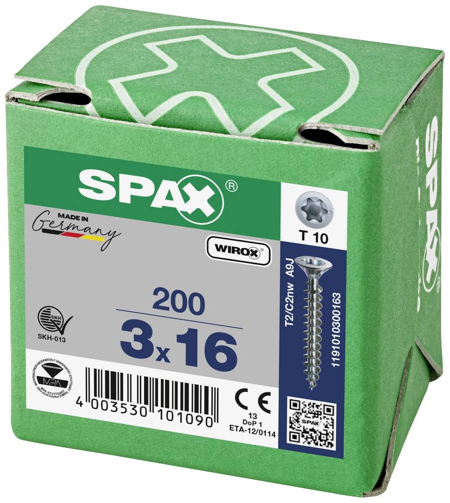 Grüne Box mit der Aufschrift 'SPAX'. Enthält 200 Schrauben, Größe 3x16 mm. 'Made in Germany' und Wirox-Siegel sind zu sehen.