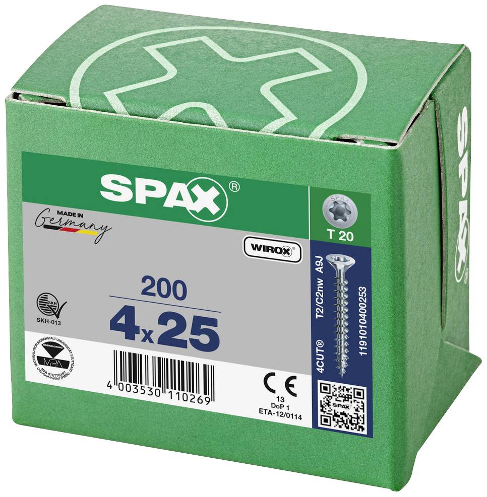 Grüne Verpackung von SPAX-Schrauben, 4x25 mm, 200 Stück, T 20 Torx, Wirox-beschichtet, mit 'Made in Germany'-Aufdruck.