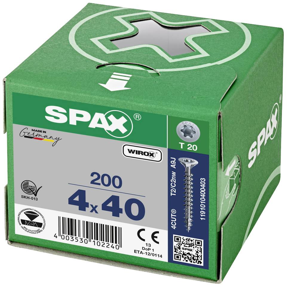 Karton mit 200 Schrauben der Marke SPAX. Maße: 4 x 40 mm. Herkunft: Deutschland. Enthält Produktabbildungen und Markenlogos.
