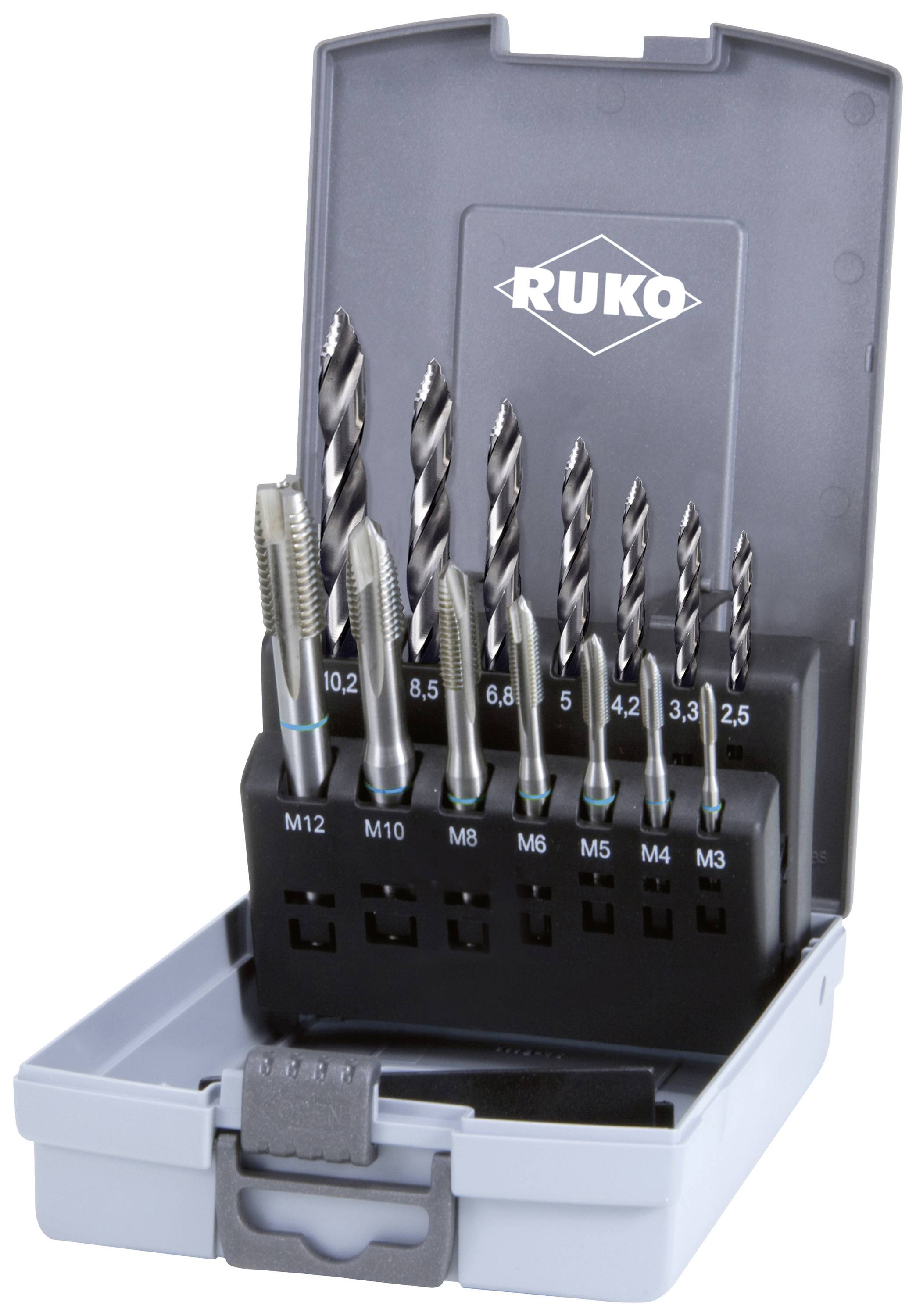 RUKO 259048RO Maschinengewindebohrer-Set 14teilig M3 - M12 DIN 352, DIN 376, DIN 338 HSS 1 Set