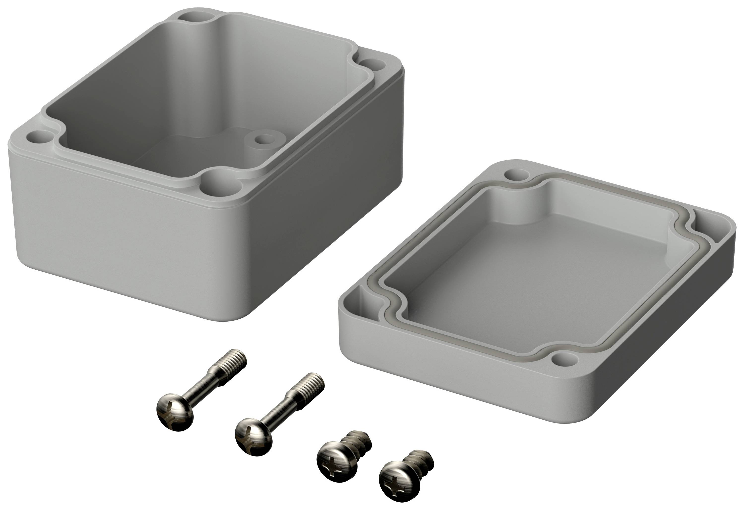 Gehäuse aus grauem Kunststoff, bestehend aus zwei Teilen, mit Deckeldichtung und drei Metallschrauben davor.