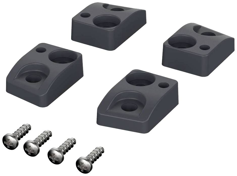 Vier schwarze Kunststoffwinkel mit jeweils zwei Löchern, begleitet von vier Metallschrauben, auf weißem Hintergrund.