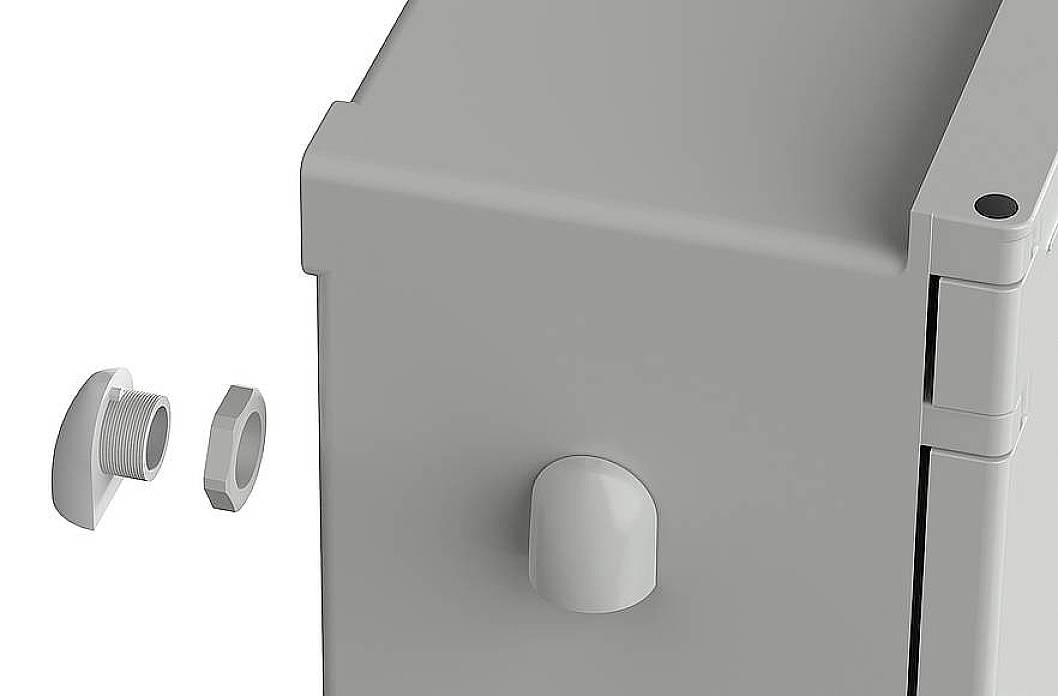 Ein graues Gehäuse mit einer offenen Schraubverbindung auf der linken Seite, geeignet für Installation oder Montagezwecke.