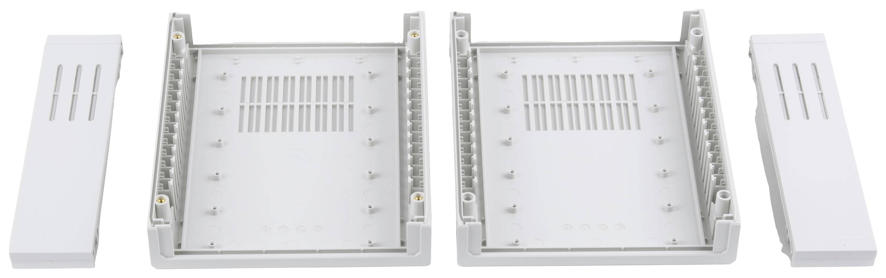 Gehäuse aus Kunststoff mit abnehmbaren Seitenteilen. Hauptsächlich für elektronische Geräte oder Schaltungen geeignet.