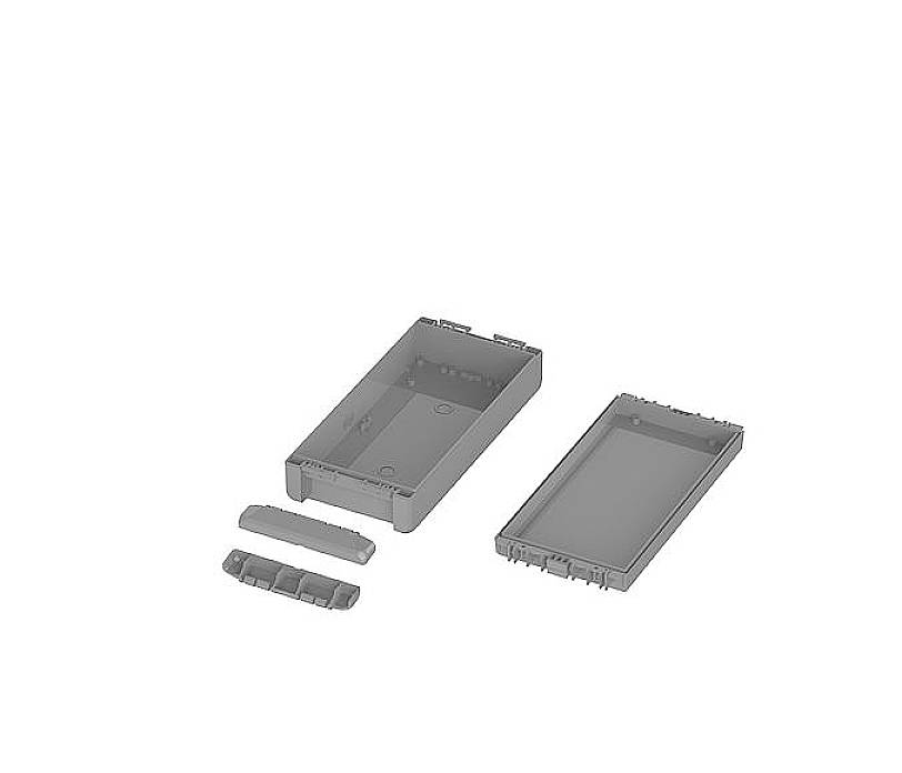 Graue, rechteckige Plastikbox mit abnehmbarem Deckel und zwei kleineren Abdeckungen, einzeln dargestellt auf weißem Hintergrund.