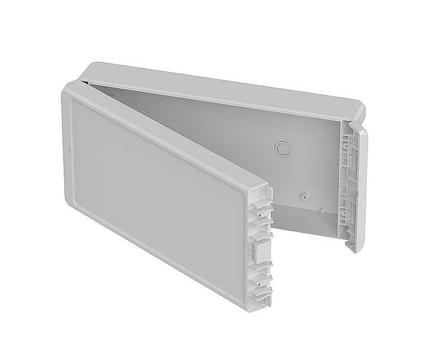 Weiße, aufklappbare Kunststoffbox, leer. Dient zur Kabel- oder Geräteunterbringung.