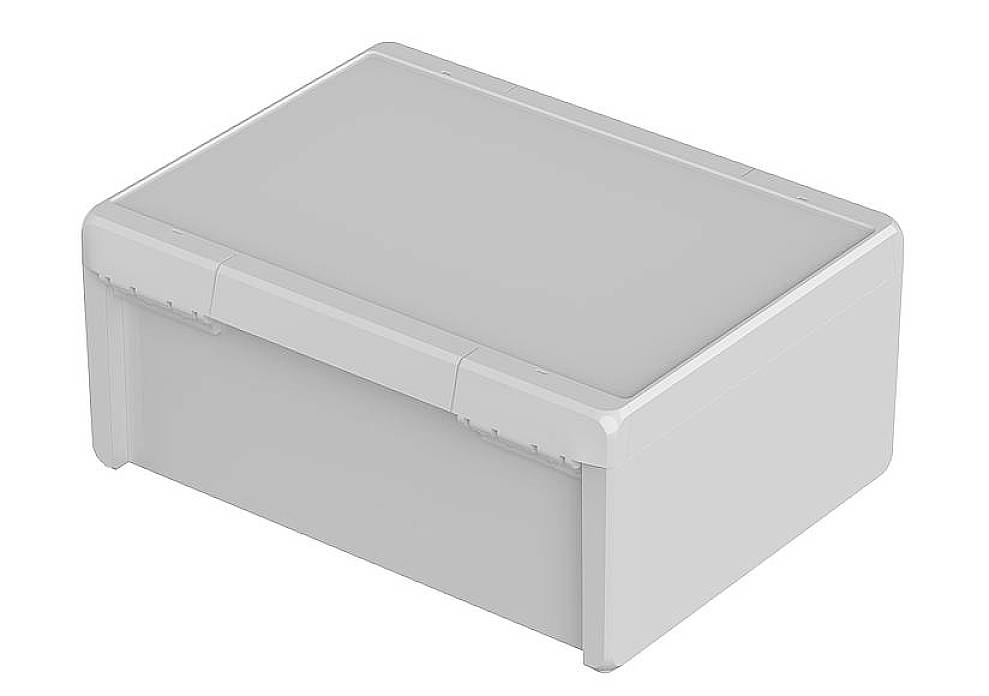 Eine weiße, rechteckige, verschlossene Plastikbox mit abgerundeten Ecken.