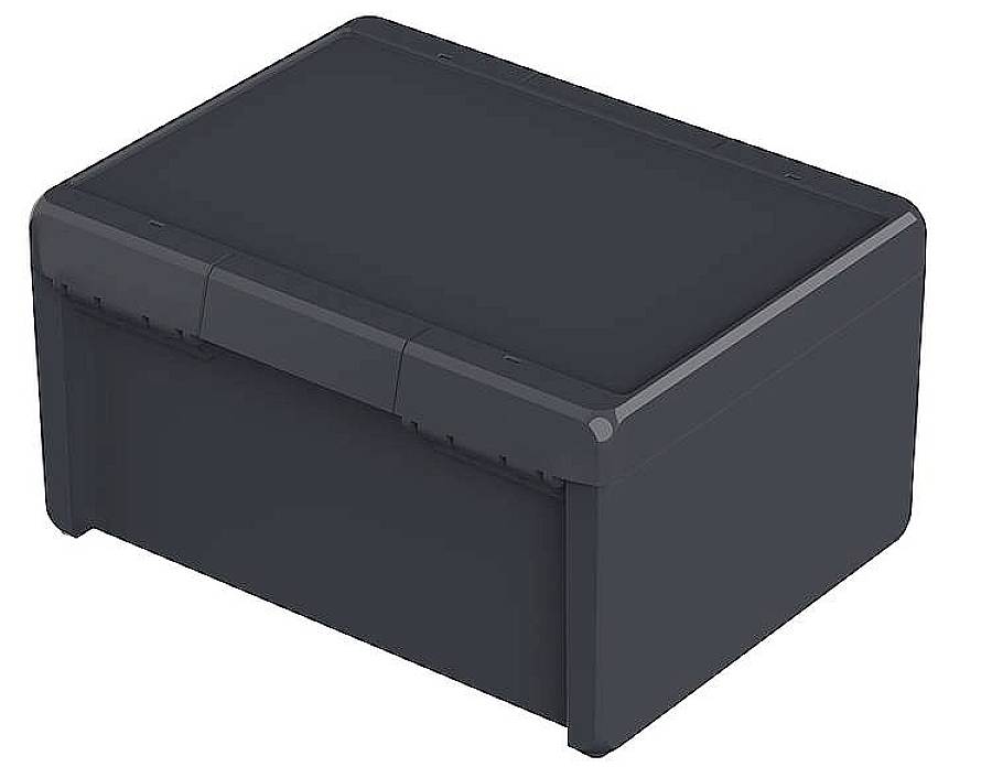 Schwarze, rechteckige Kunststoffbox mit Deckel. Eignet sich zur Aufbewahrung von Gegenständen. Robust und stapelbar.