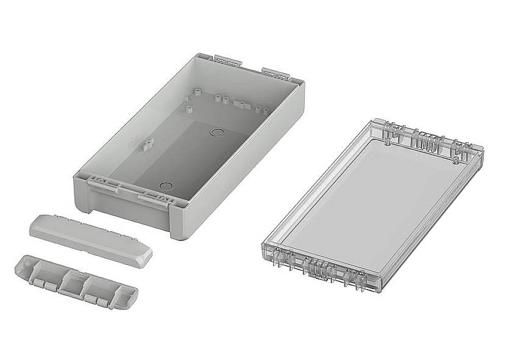 Gehäuse mit transparentem abnehmbaren Deckel und zwei abgerundeten Teilen. Geeignet für Elektronikkomponenten oder Prototyping.