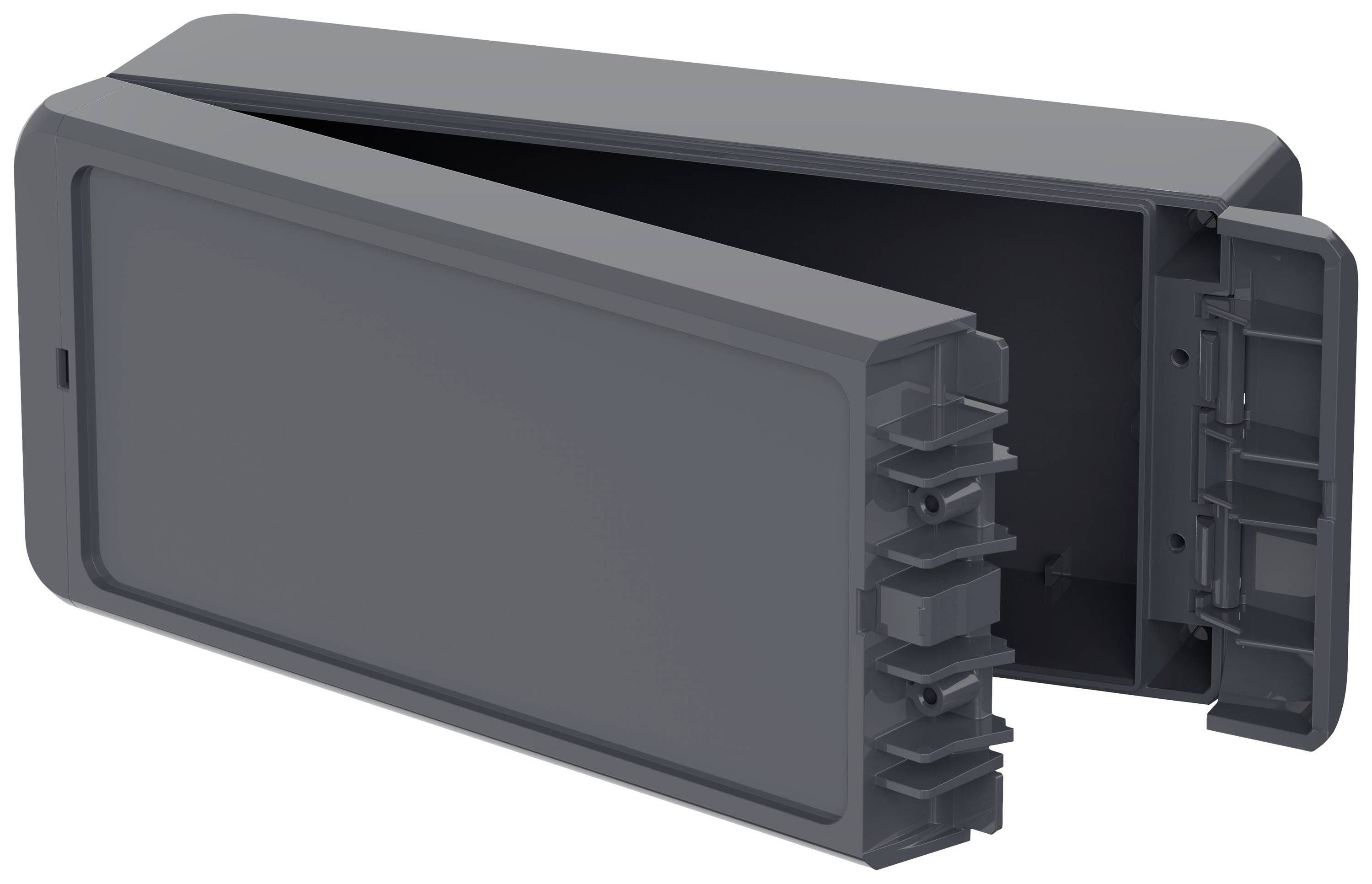 Ein dunkles, rechteckiges Gehäuse mit abnehmbarem Deckel, möglicherweise für Kabel oder Elektronikkomponenten.