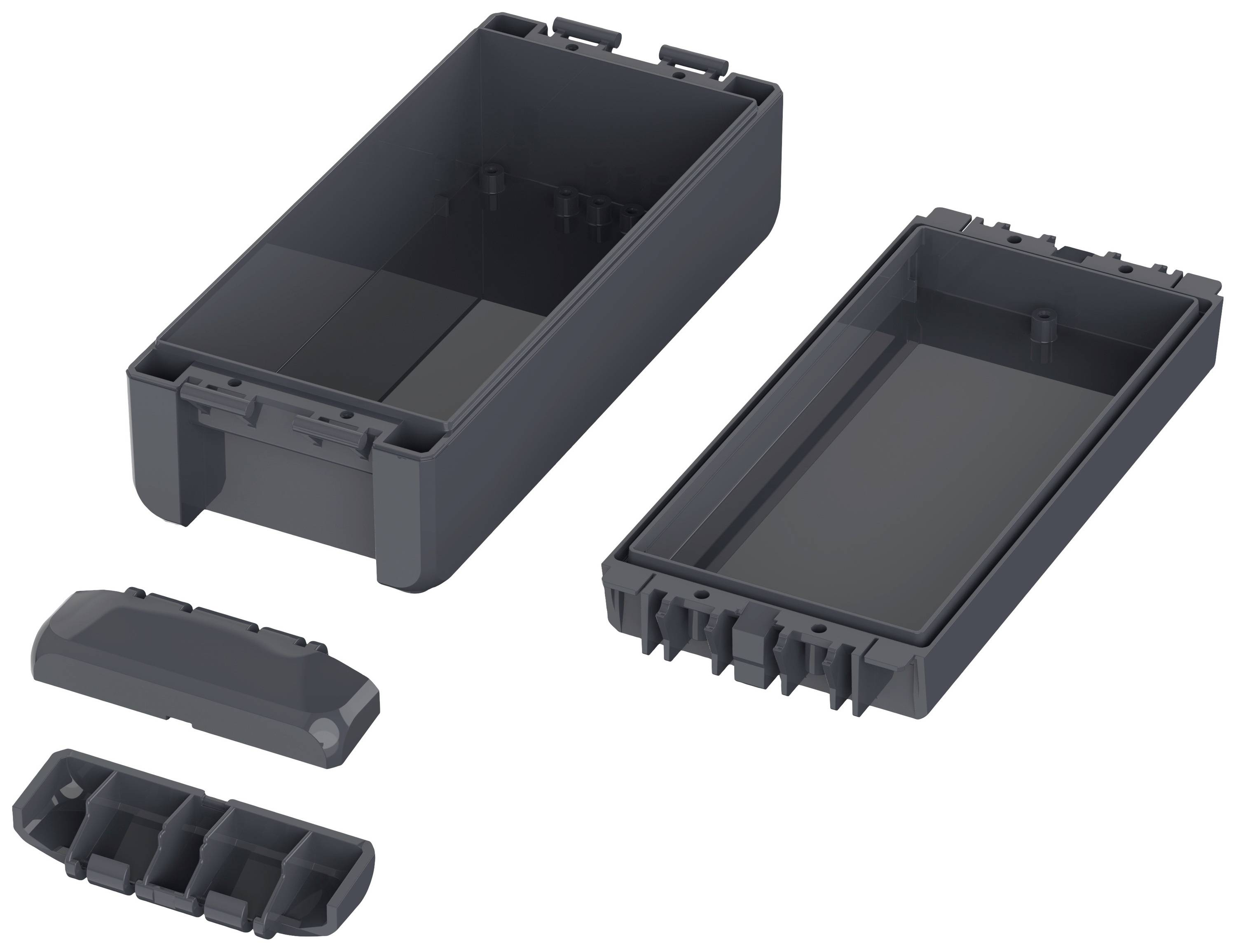 Drei schwarze Kunststoffgehäuse in verschiedenen Formen und Größen, offen und geschlossen dargestellt, zur Aufbewahrung technischer Komponenten.