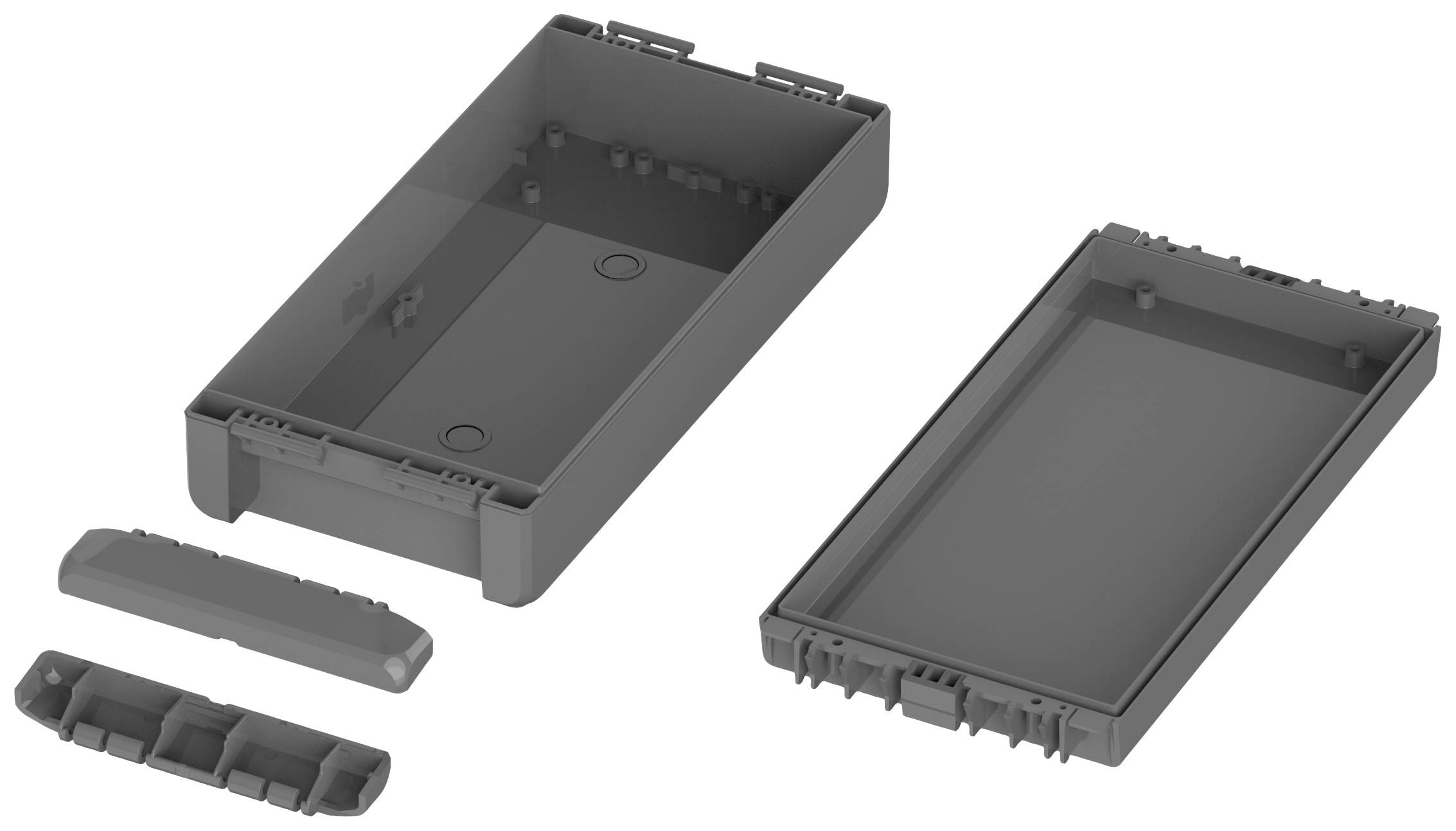 Zeigt Teile eines modularen Gehäuses, bestehend aus einer rechteckigen Box, einem Deckel und kleinen Verbindungselementen.