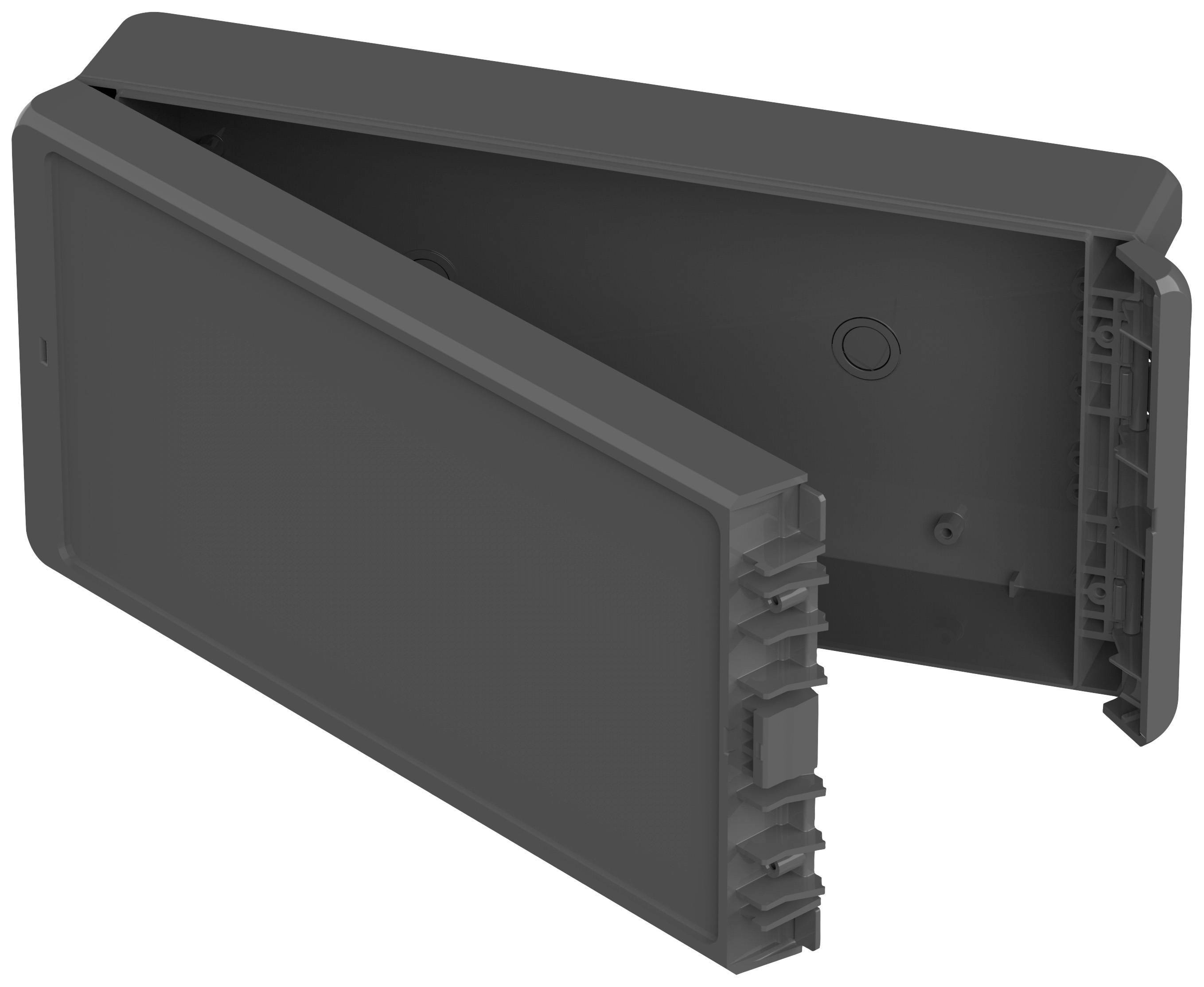 Ein rechteckiger, aufklappbarer Kunststoffbehälter, teilweise geöffnet gezeigt, in dunkelgrauer Farbe, möglicherweise für Kabel oder Elektronik.