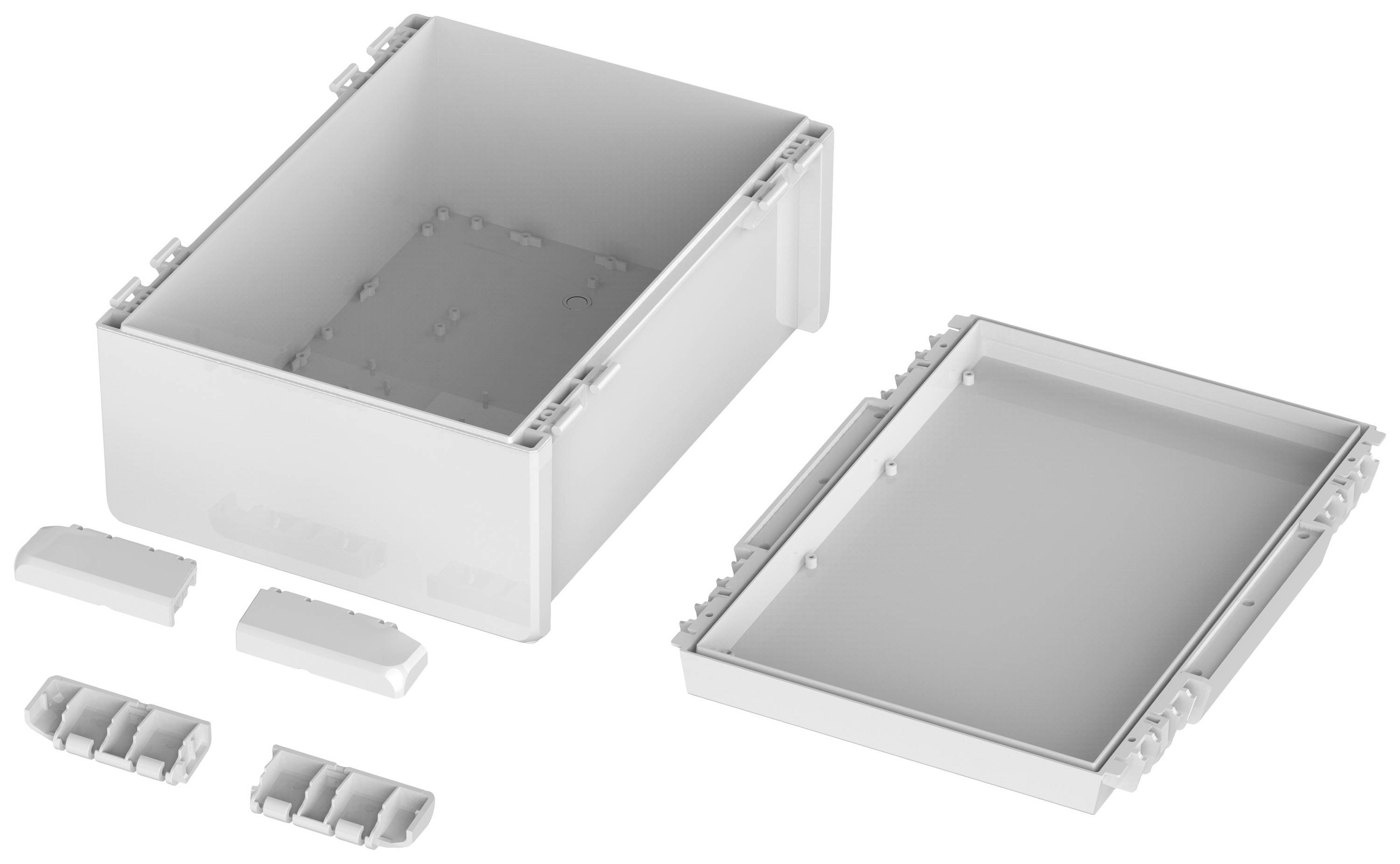 Beige Gehäuseset bestehend aus einem rechteckigen Kasten und einem abnehmbaren Deckel. Enthält kleine Zubehörteile zur Montage.