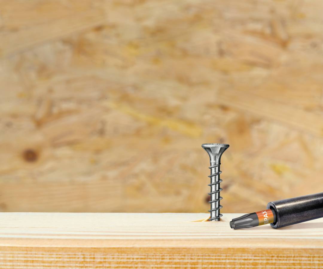 Eine Schraube steht senkrecht auf einem Holzbrett, daneben ein Schraubenzieher mit schwarzem Griff. Hintergrund aus Holz.