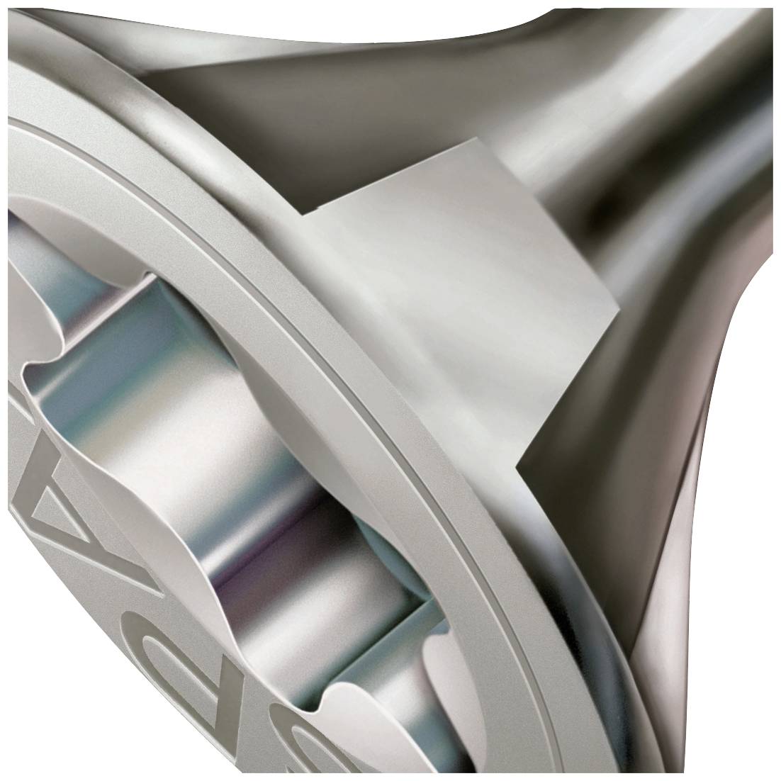 Nahaufnahme eines metallischen Zahnrads mit eingravierten Buchstaben. Das Bild zeigt die technische Präzision und glänzende Oberfläche.