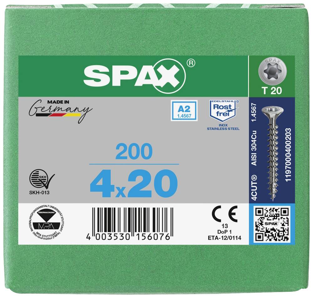 Grüne Verpackung von SPAX-Schrauben '4x20' mm, 200 Stück, aus rostfreiem Stahl, Made in Germany. Enthält Informationen zu Normen.
