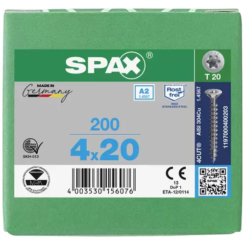 SPAX 1197000400203 Holzschraube 4mm 20mm T-STAR plus 88091 Edelstahl A2 200St. SPAX 1197000400203 Holzschraube 4mm 20mm T-STAR plus 88091 Edelstahl A2 200St.
