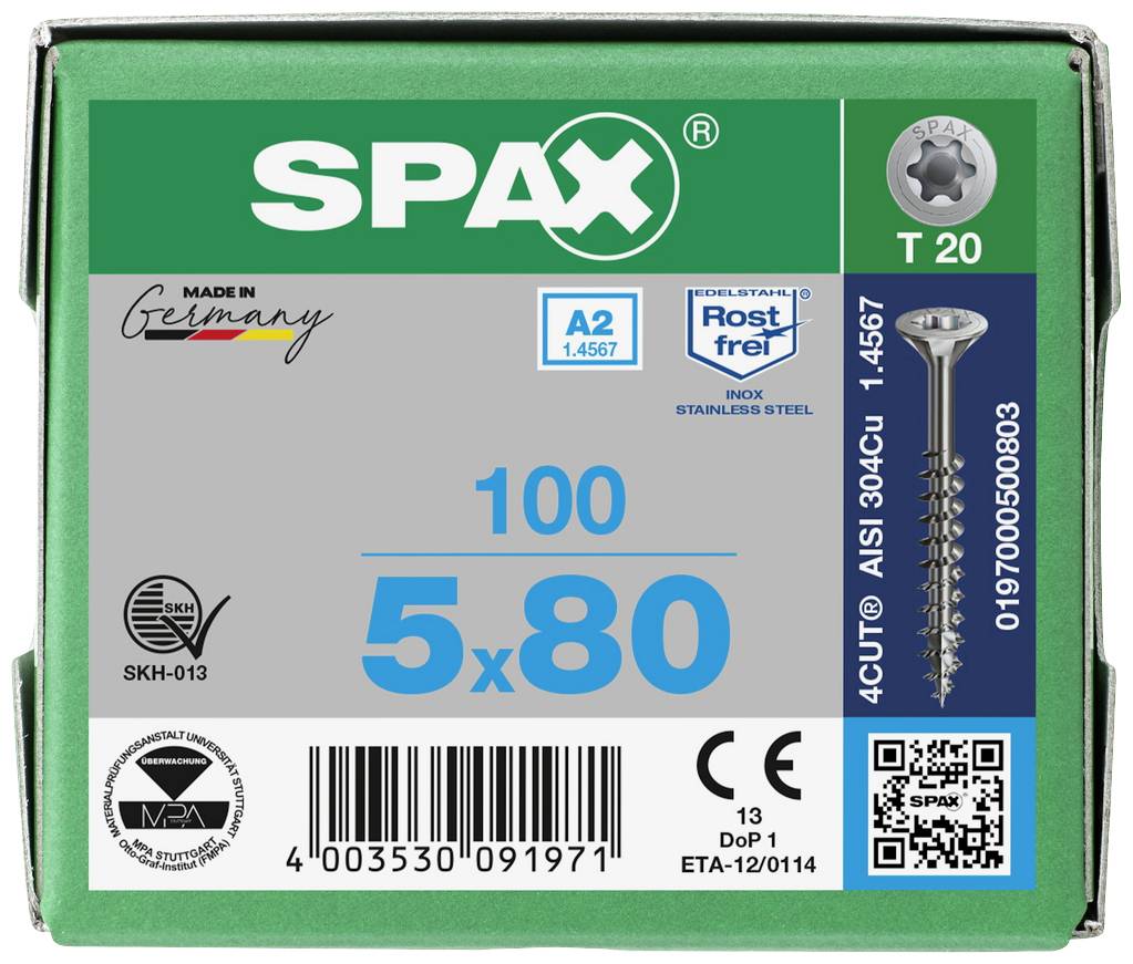 Verpackung einer SPAX-Schraube: 100 Stück, 5x80 mm, T20, Edelstahl A2, rostfrei. Made in Germany. EAN-Code und QR-Code sichtbar.
