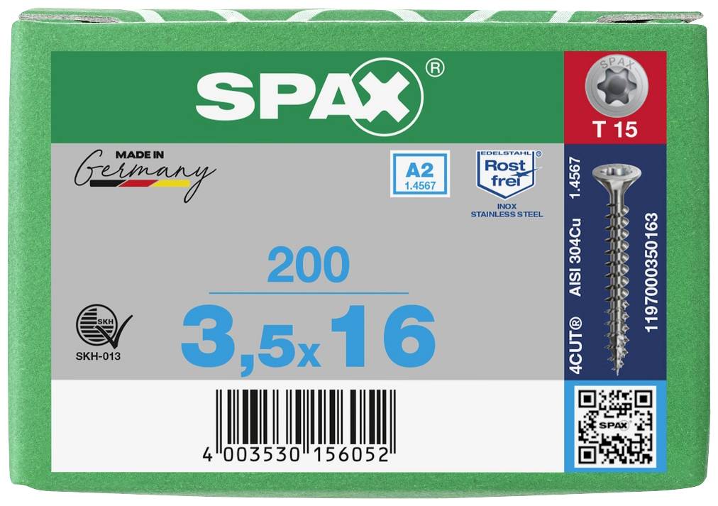 SPAX 1197000350163 Holzschraube 3.5mm 16mm T-STAR plus 88091 Edelstahl A2 200St.