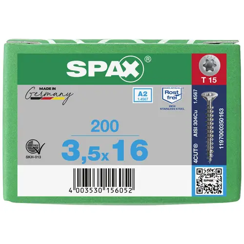 SPAX 1197000350163 Holzschraube 3.5mm 16mm T-STAR plus 88091 Edelstahl A2 200St. SPAX 1197000350163 Holzschraube 3.5mm 16mm T-STAR plus 88091 Edelstahl A2 200St.