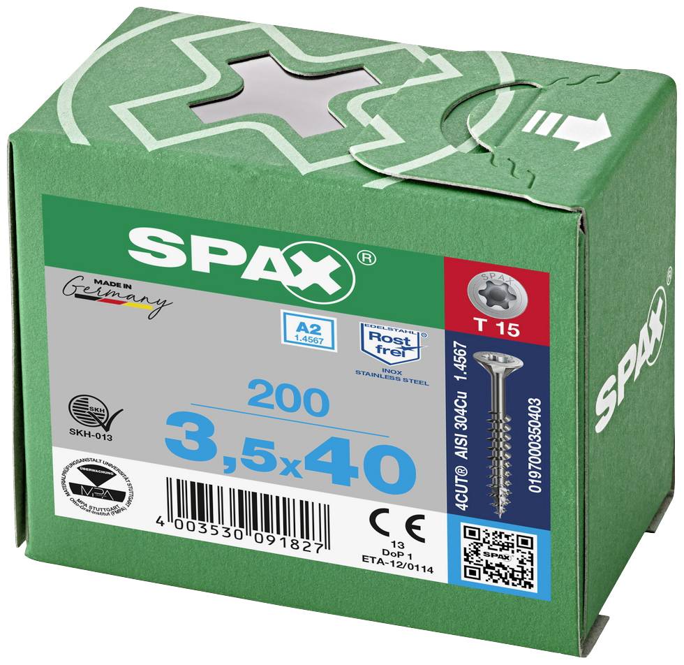 'SPAX Schraubenverpackung' mit 200 Schrauben, Größe 3,5x40 mm, A2 Edelstahl, T15 Antrieb. 'Made in Germany', grüne Box, Korrosionsschutz.