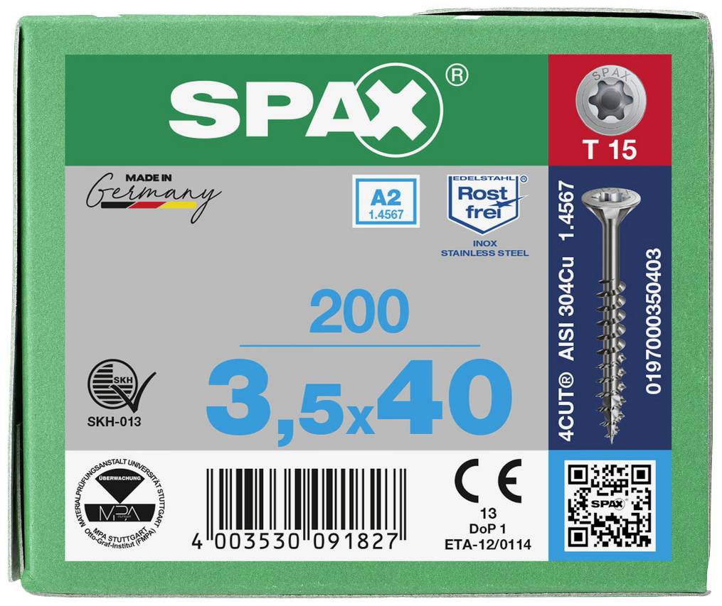 Kartonverpackung von SPAX-Schrauben, Größe 3,5x40 mm, 200 Stück rostfrei, geeignet für A2-Edelstahl. Enthält QR-Code und Prüfsiegel.
