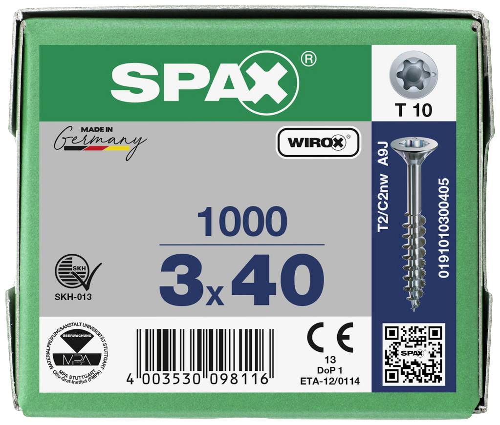 Karton mit 1000 SPAX-Schrauben, 3x40 mm, Wirox-Beschichtung, Torx T10, hergestellt in Deutschland.