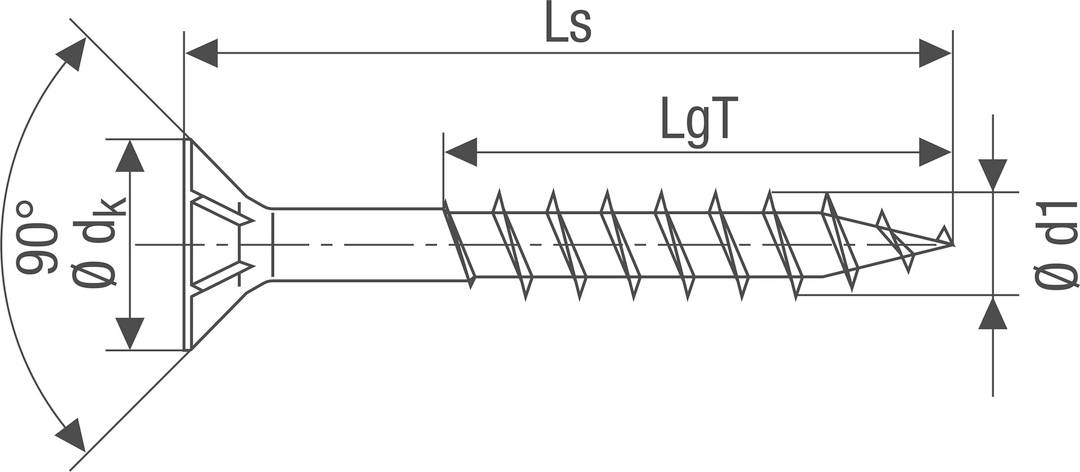 Technische Zeichnung einer Senkkopfschraube mit Maßen: Gesamtlänge (Ls), Gewindelänge (LgT), Kopfdurchmesser (ødk), Schraubendurchmesser (ød1).