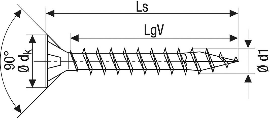 Diagramm einer Senkkopfschraube mit Maßen: Ls (Länge), LgV (Gewindelänge), Ø d1 (Durchmesser Schaft), Ø dk (Durchmesser Kopf).