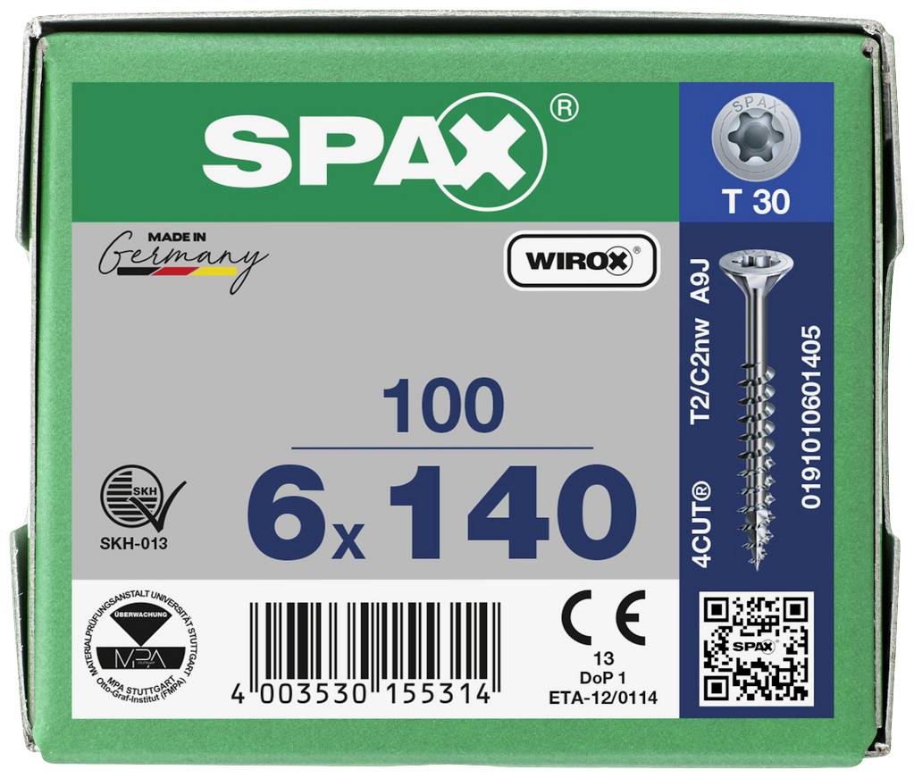 Eine Schachtel SPAX-Schrauben, Größe 6x140 mm, 100 Stück. Enthält QR-Code und Logos für Qualitätssiegel. Made in Germany.
