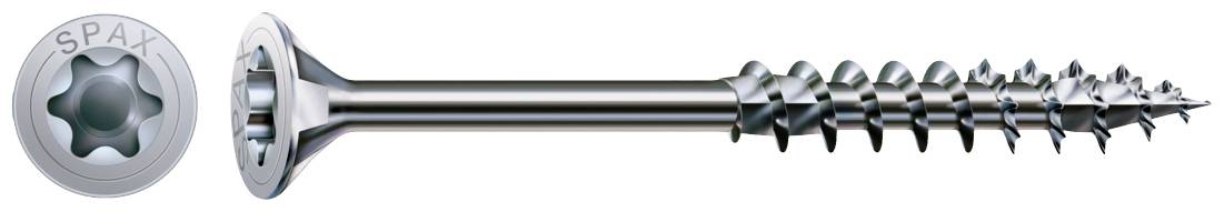 Metallschraube mit Torx-Kopf und scharfen Gewinden, geeignet für Holz- oder Metallverbindungen. Links: Abbildung des Schraubenkopfs.