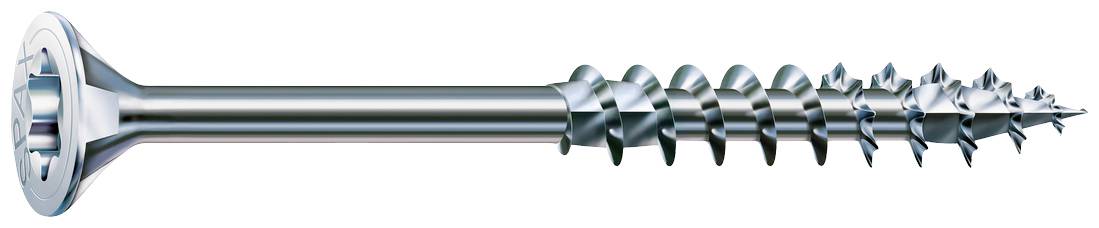 Eine Nahaufnahme einer Metallschraube mit Senkkopf und durchgehendem Gewinde. Die Schraube ist silbrig glänzend.