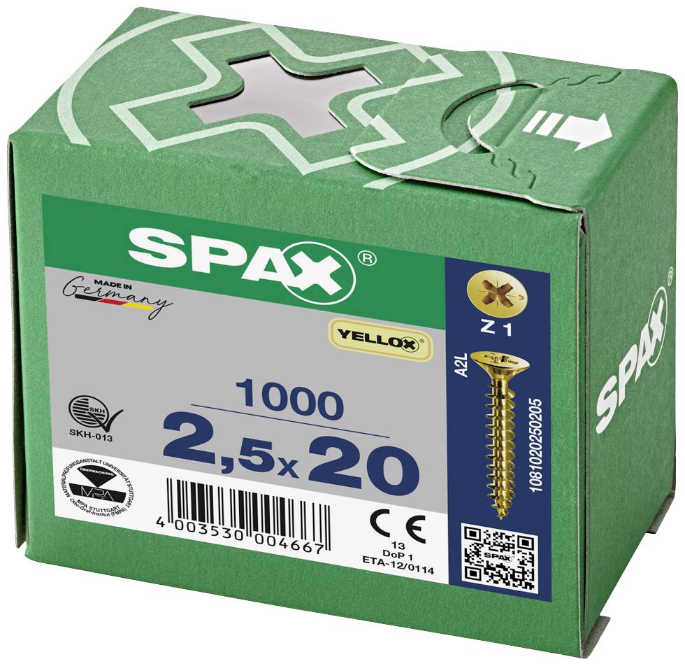 Grüne Verpackung einer Schachtel Spax-Schrauben, 2,5 x 20 mm, 1000 Stück, mit einem Kreuz-Symbol und dem Aufdruck 'Made in Germany'.