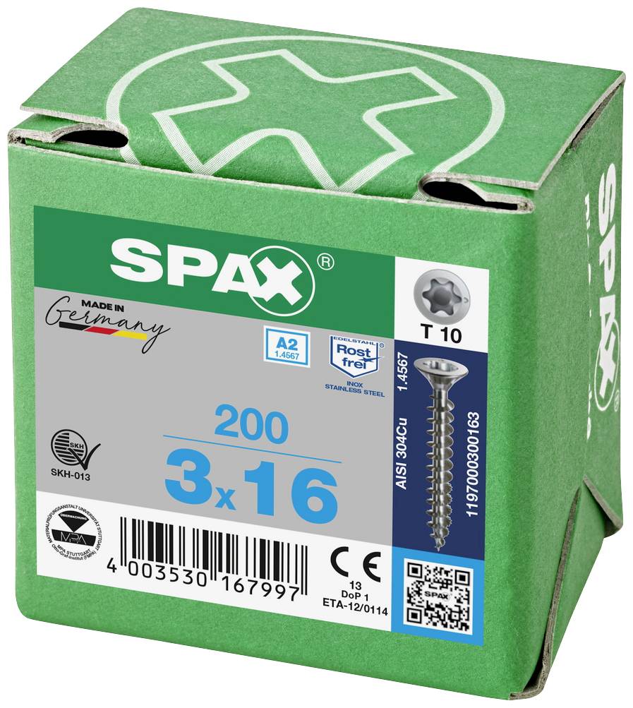 Grüne Verpackung mit Schrauben, Aufschrift 'SPAX', '3x16', 'Made in Germany', 200 Stück. Symbol für rostfreies Material und QR-Code.