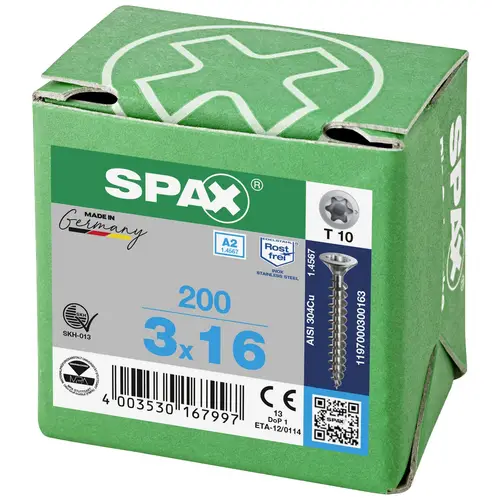 SPAX 1197000300163 Holzschraube 3mm 16mm T-STAR plus 88091 Edelstahl A2 200St. SPAX 1197000300163 Holzschraube 3mm 16mm T-STAR plus 88091 Edelstahl A2 200St.
