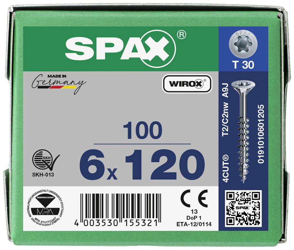 Verpackung von 100 Schrauben, Größe 6x120 mm, Marke SPAX, 'Made in Germany', mit verschiedenen Zertifikaten und Hinweis auf T30-Torx-Kopf.