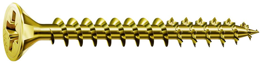 Eine goldfarbene Holzschraube mit Senkkopf und durchgehendem Gewinde, aus Metall gefertigt.